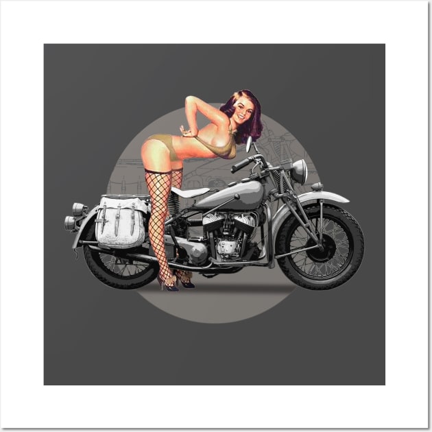 Pin-up Girl Classic Motorcycle Retro WW2 Wall Art by Jose Luiz Filho